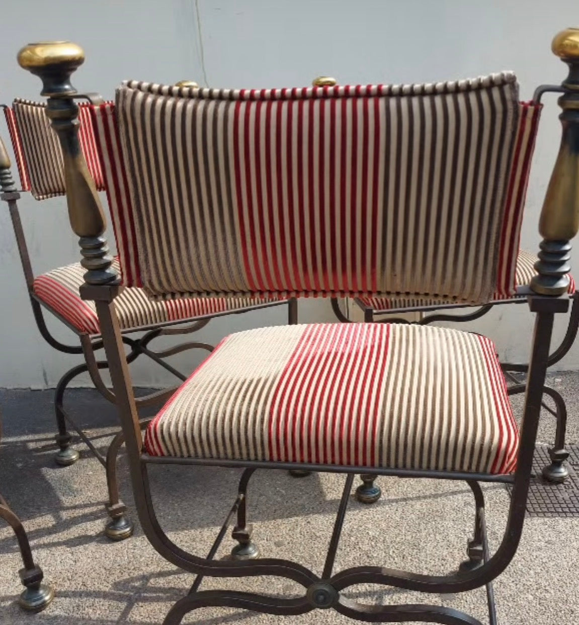 Set of Four Italian Iron and Brass Savonarola Chairs