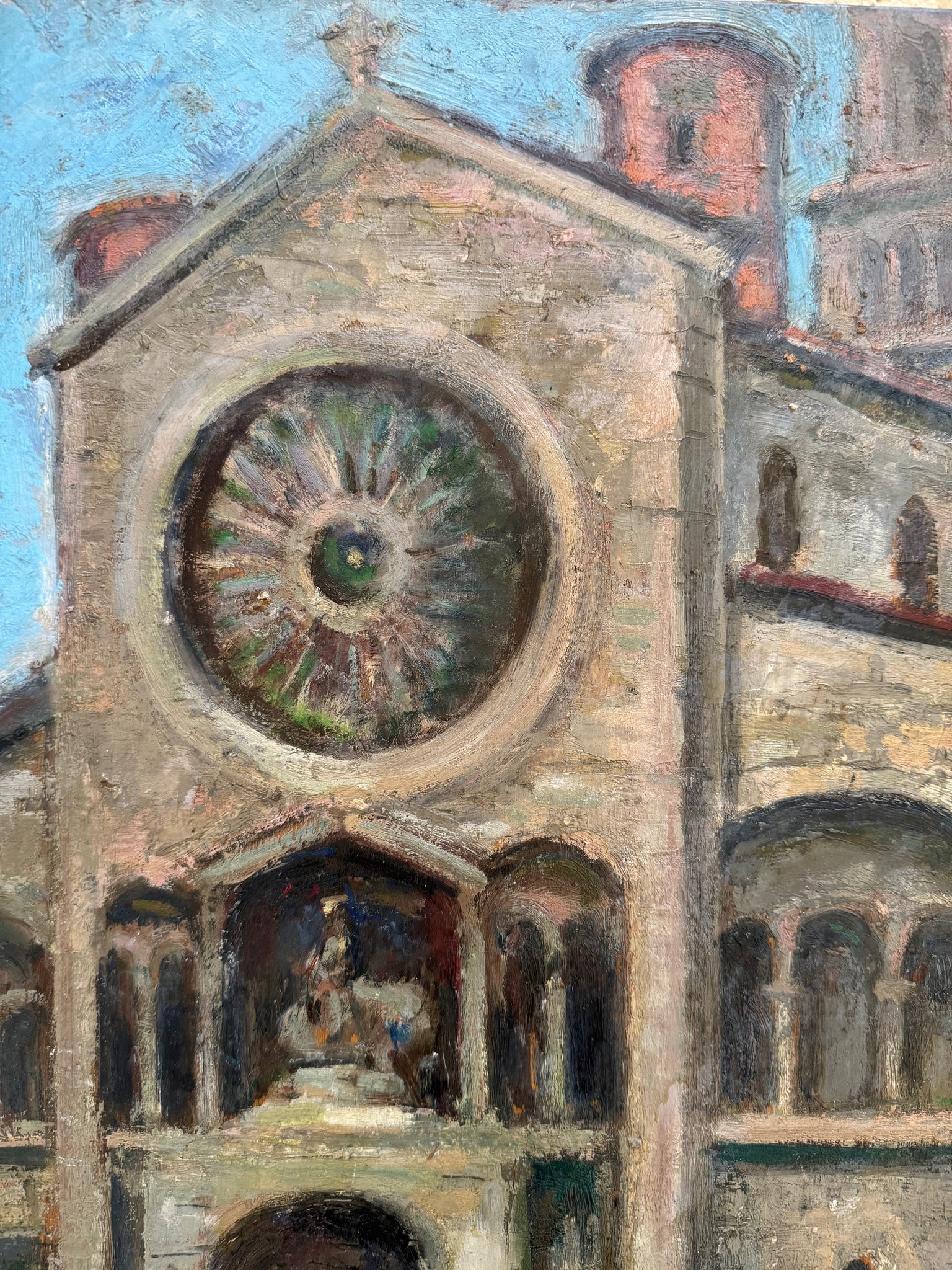 French Oil on Board of Church