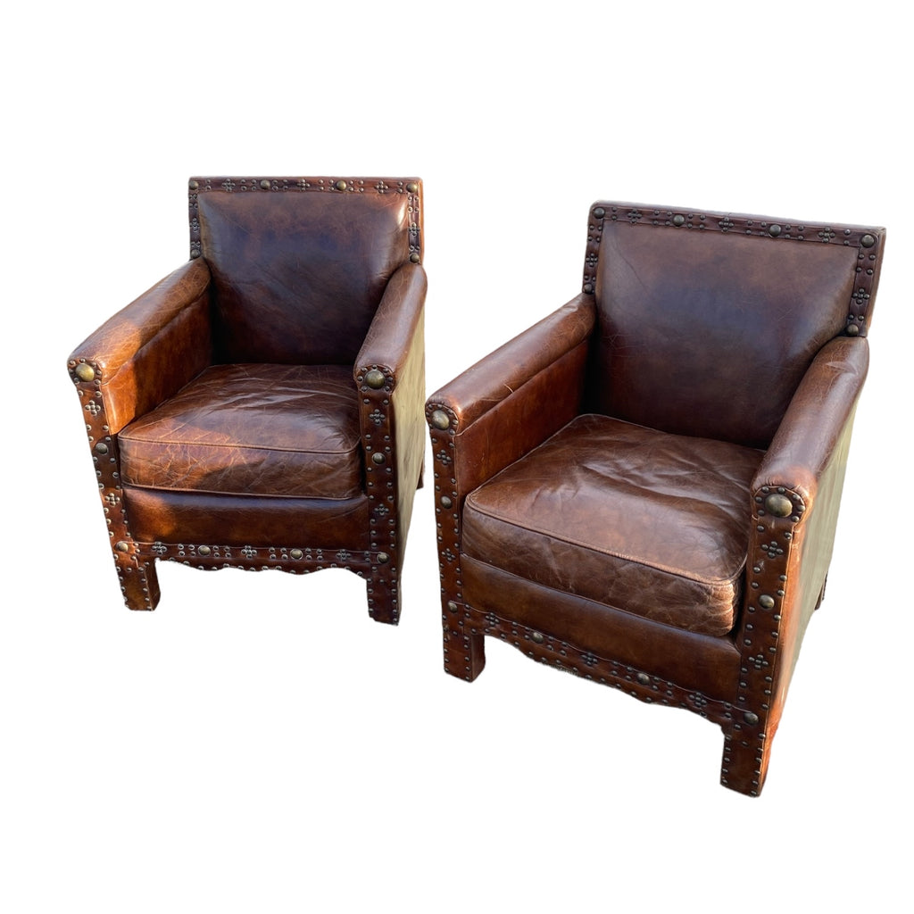 Pair French Leather Club Chairs