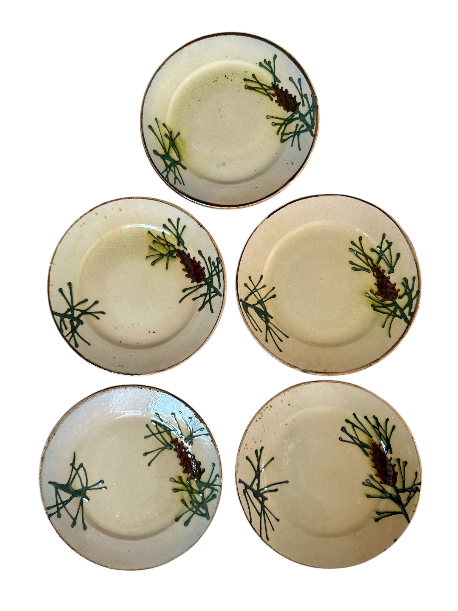 French Pottery Pinecone Plates, S/5