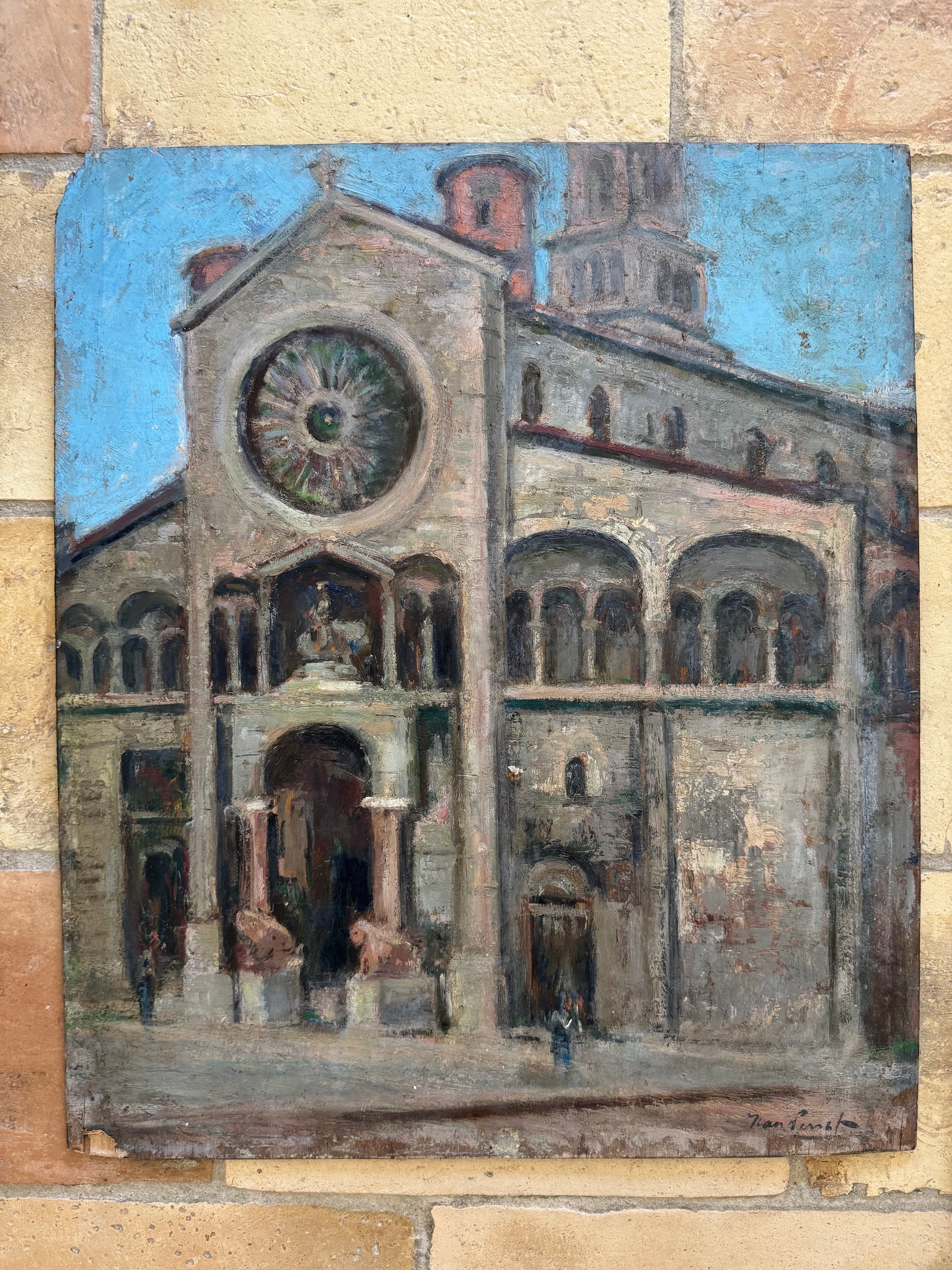 French Oil on Board of Church
