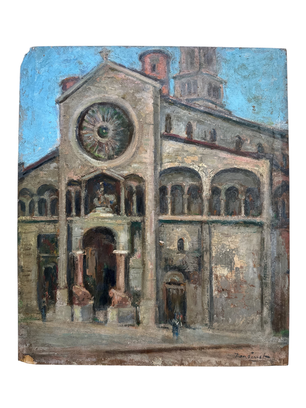 French Oil on Board of Church