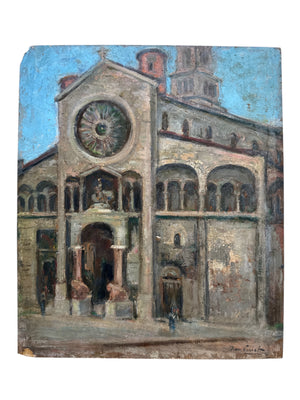 French Oil on Board of Church