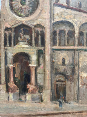 French Oil on Board of Church