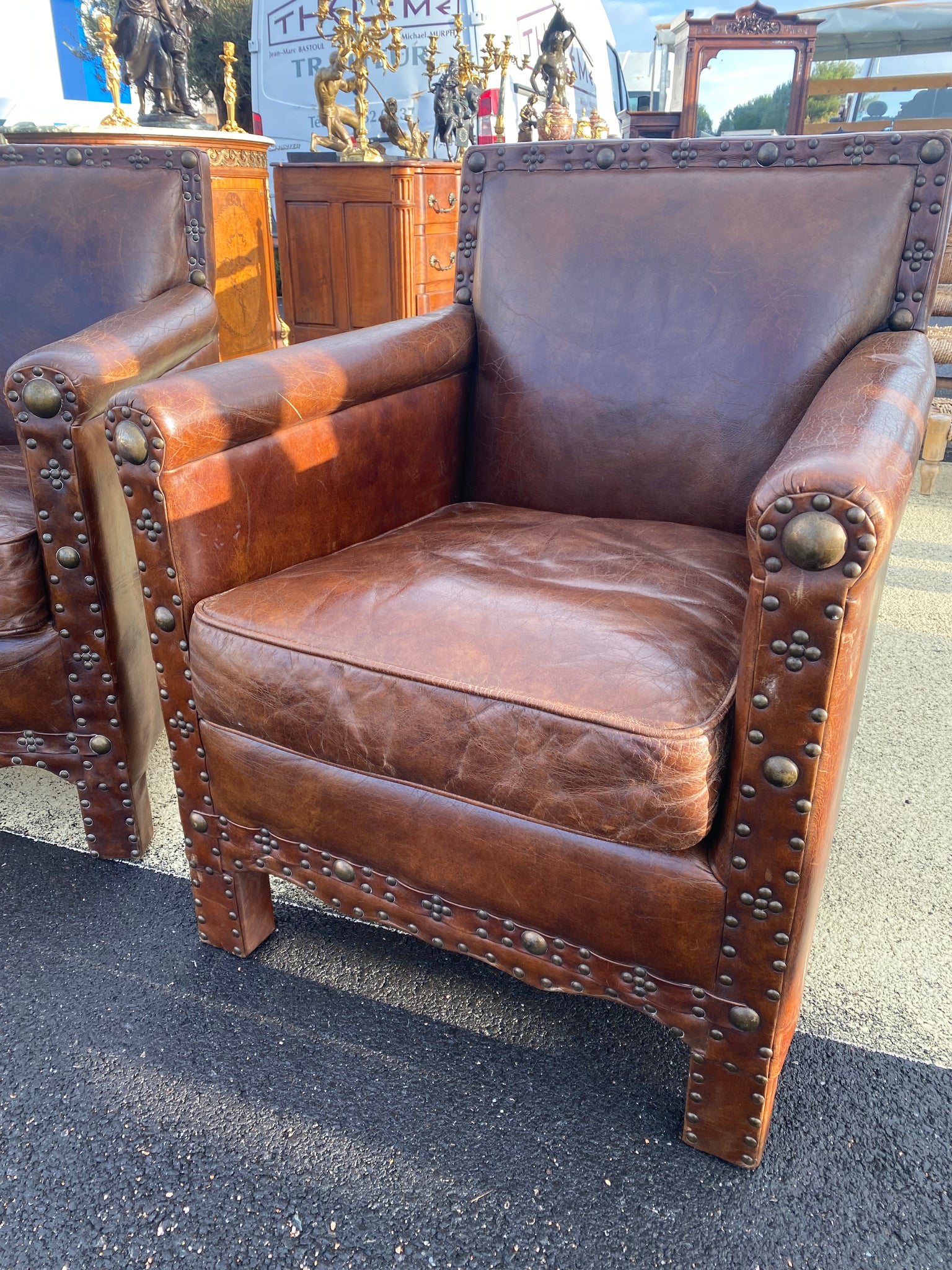 Pair French Leather Club Chairs