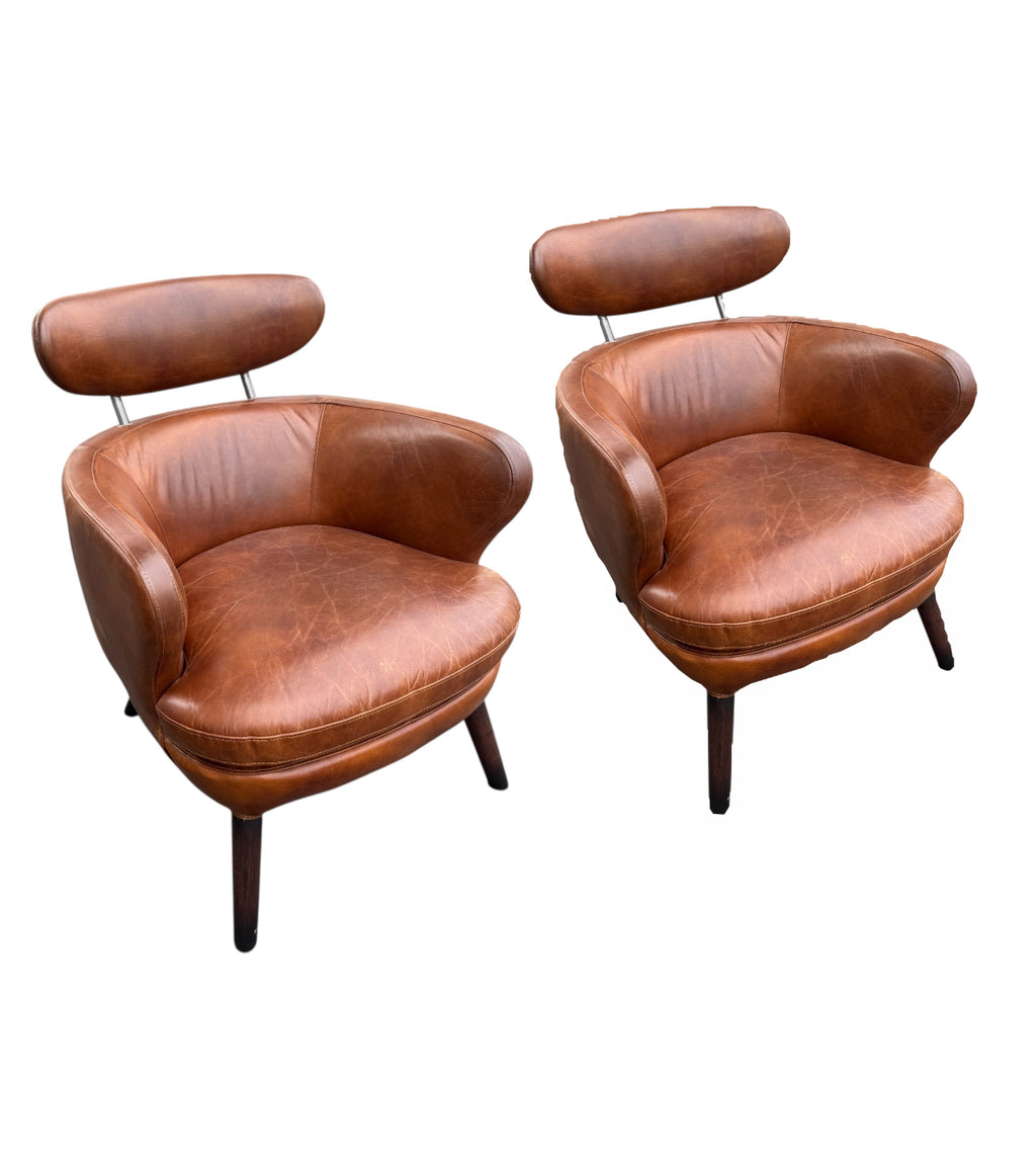French Mid Century Leather Club Chairs, Pair