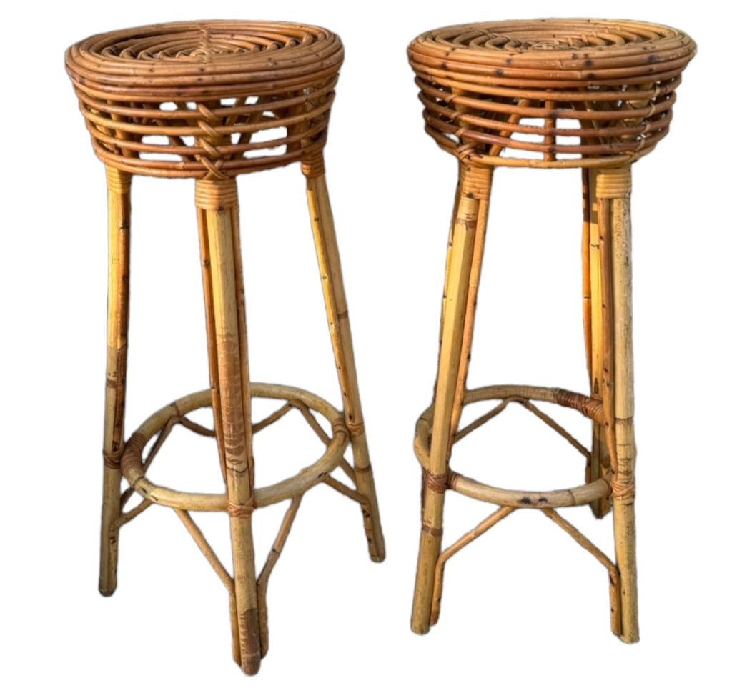 French Ratan Barstools, Pair