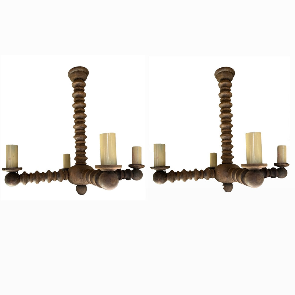 French Wood turned Bobbin Chandelier, Pair