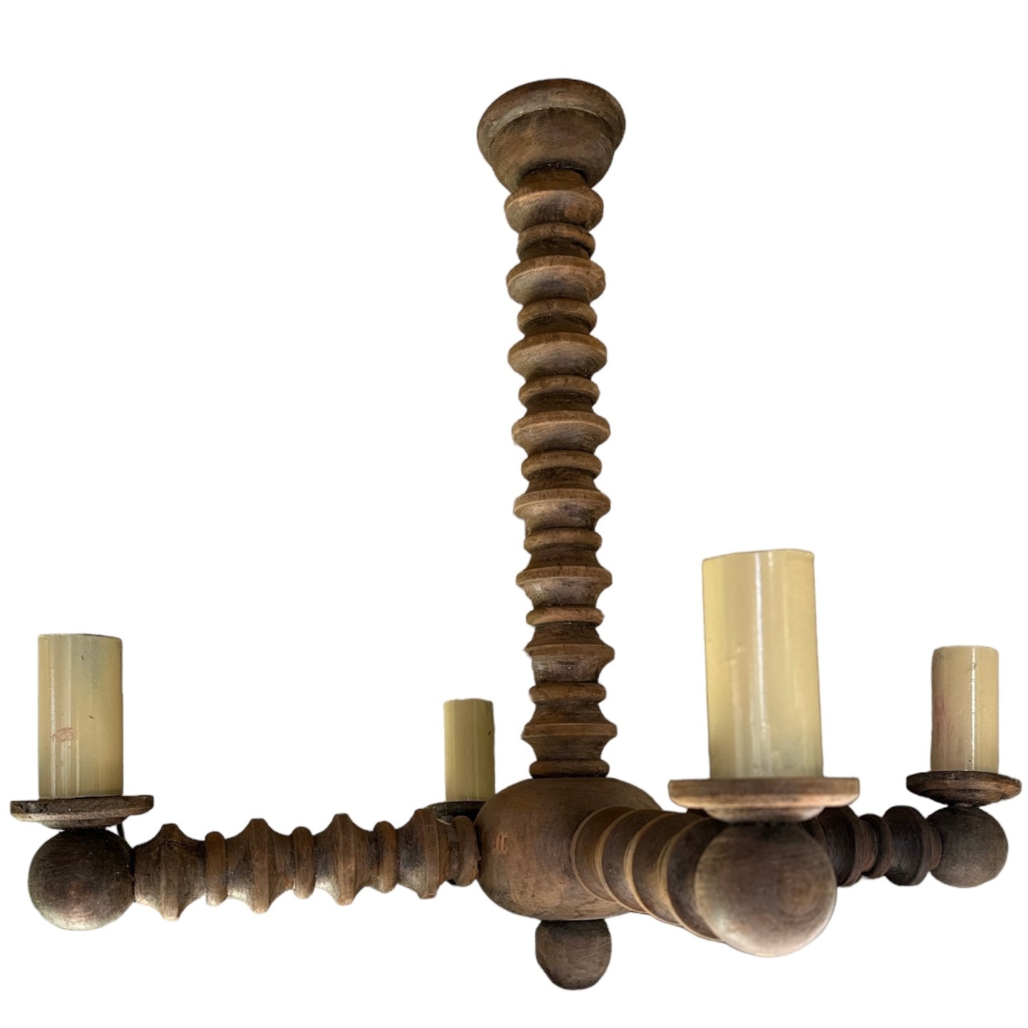 French Wood turned Bobbin Chandelier, Pair