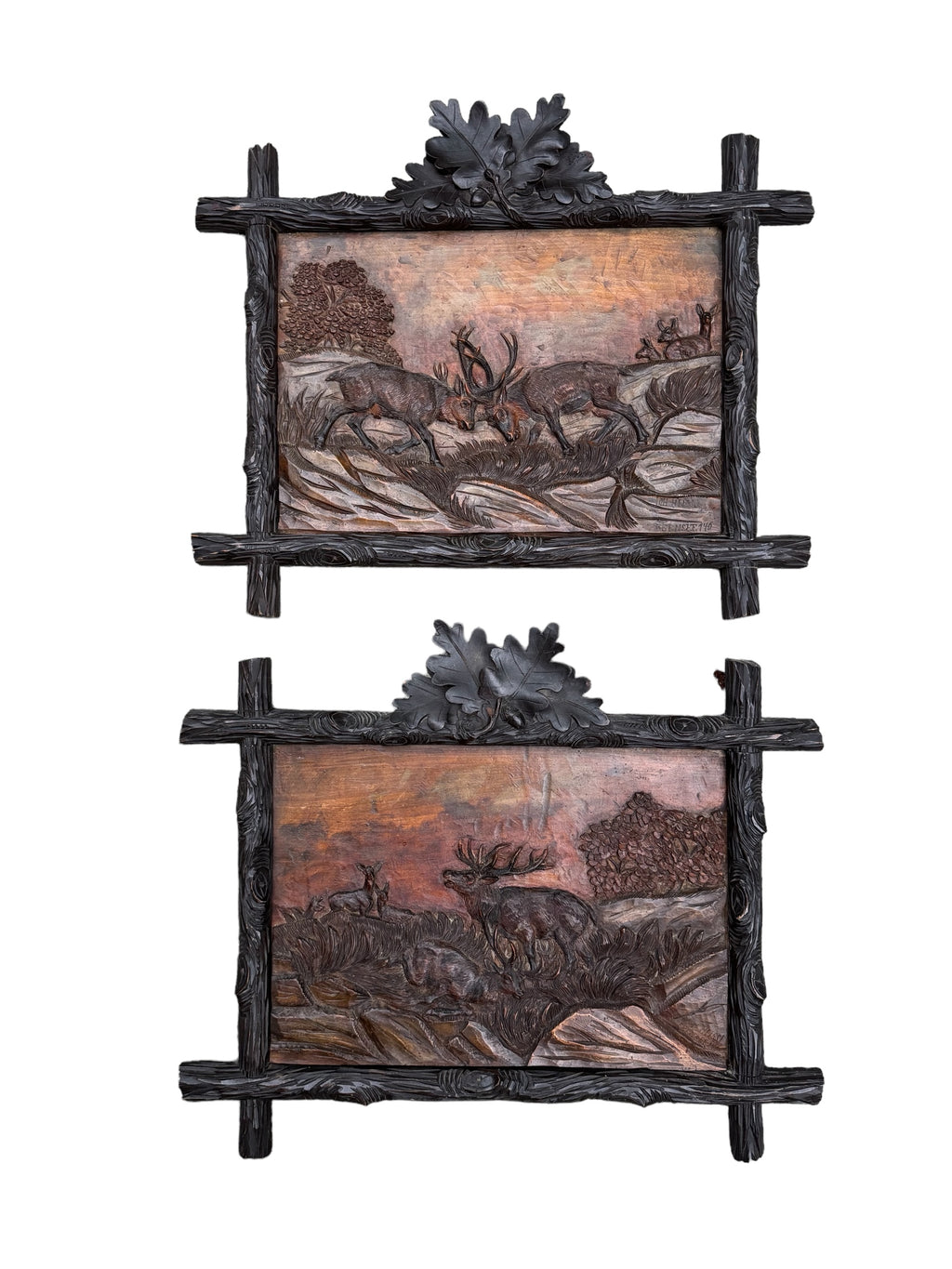 Pair Black Forest Carved Panels