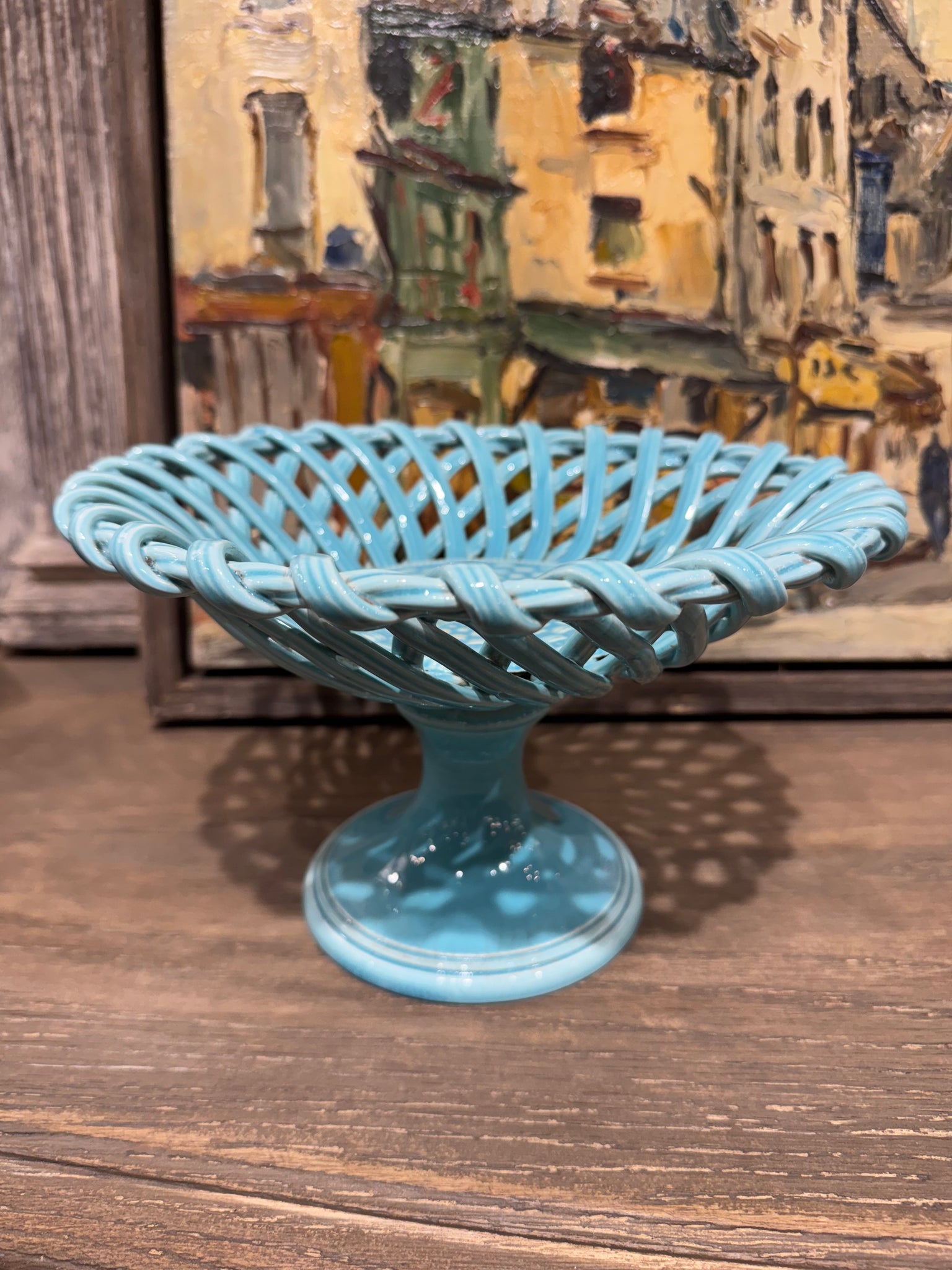 French Turquoise Basketweave Compote
