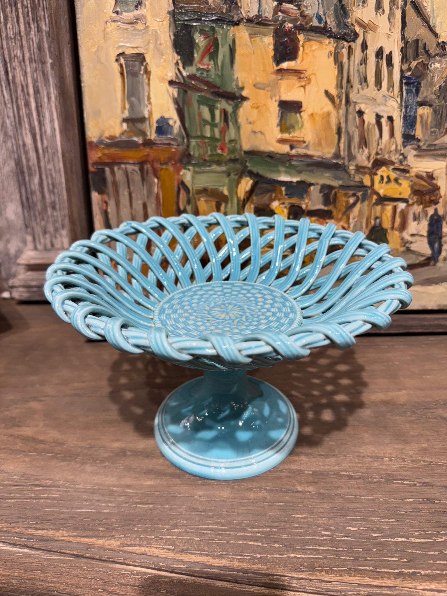French Turquoise Basketweave Compote