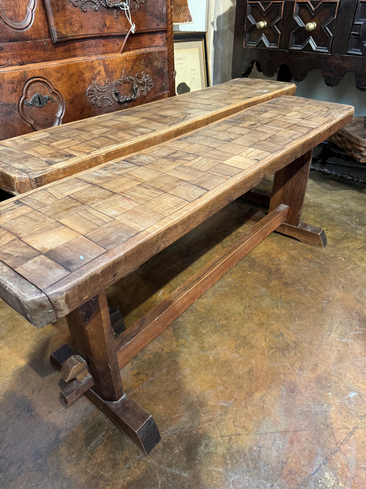 French Parquetry Benches, Pair