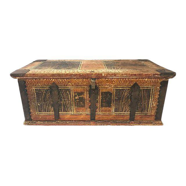 19th-C. French Painted Pine Trunk - 19th-century French painted pine trunk with hinged lid and metal trim. No maker's mark. Age wear.