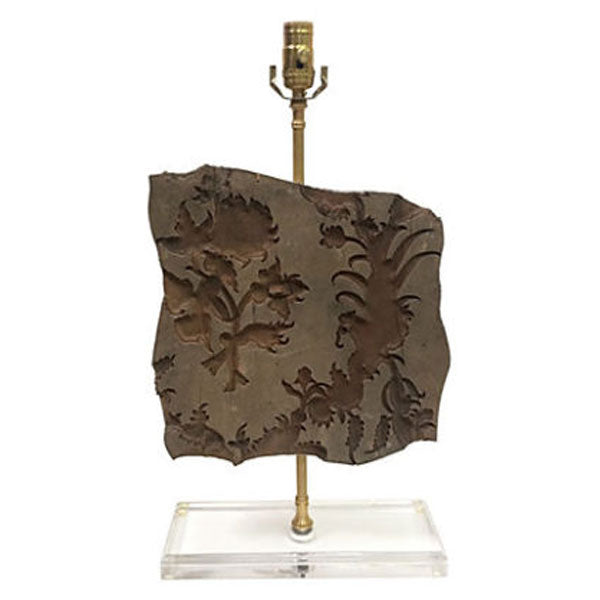 French Wood Block Lamp with Lucite Base