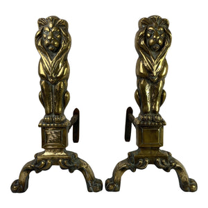 English Brass Lion Andirons, Pair