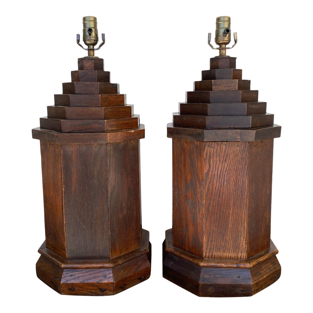 English Oak Lamps, Pair