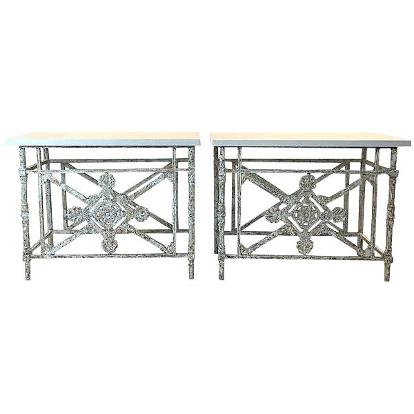 Pair of Tables Made of English Iron Balconies with Travertine Tops