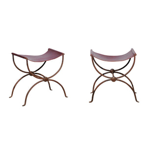 Pair of French Iron Stools with Leather Seats