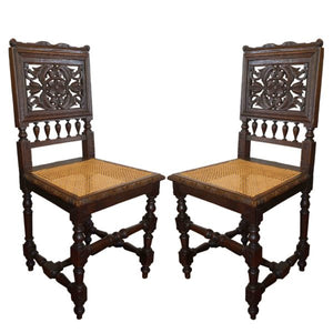 Pair of Carved Wood Hall Chairs with Caned Seats