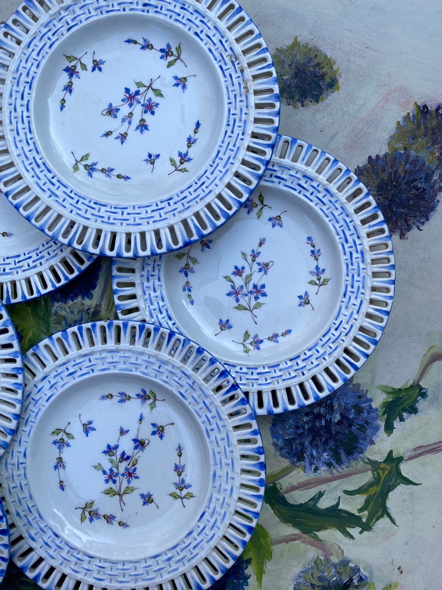 French Handpainted Reticulated Plates, S/6