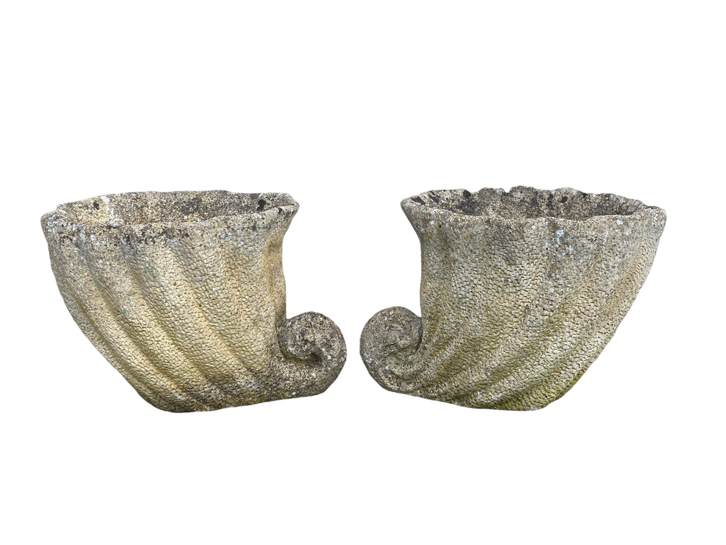 Pair English Concrete Shell Jardinières