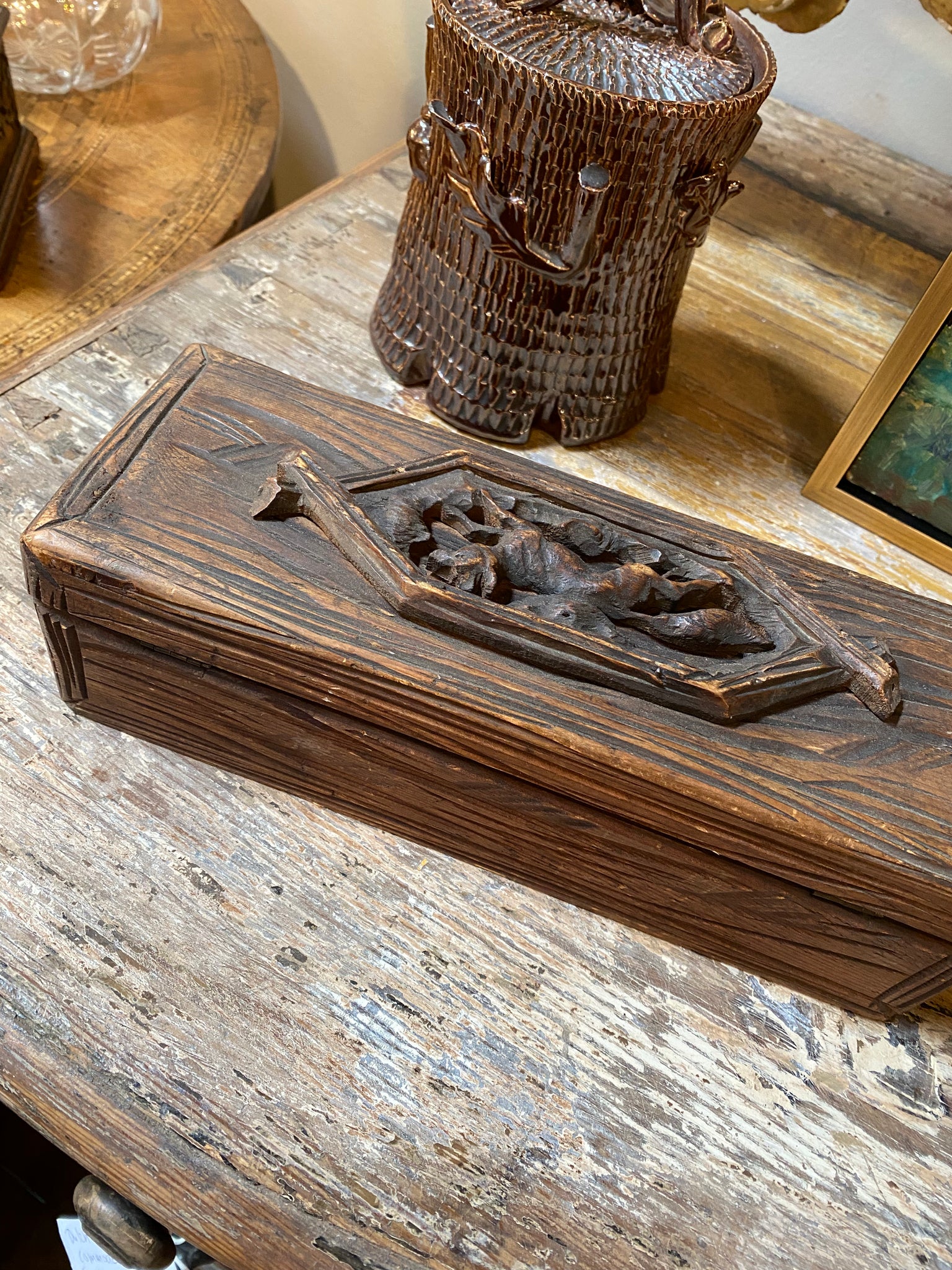 English carved box w Fox